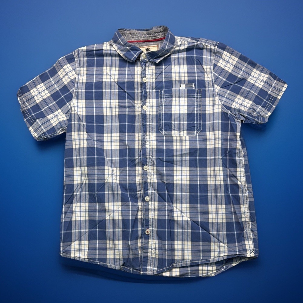 Fat Face Men's Shirt Large Blue Plaid Short Sleeve‎ Button Up 100% Cotton Pocket